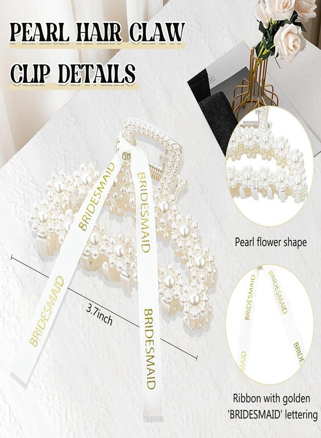 FEINIGESI 9 Pcs Pearl Bridesmaid Hair Claw Clips With Ribbon and 1Pack Acrylic Bride Claw Hair Clip With Rhinestone Bride Logo Set,Bachelorette Bridal Party Favors Present Bridesmaid Proposal Gifts - Image 3